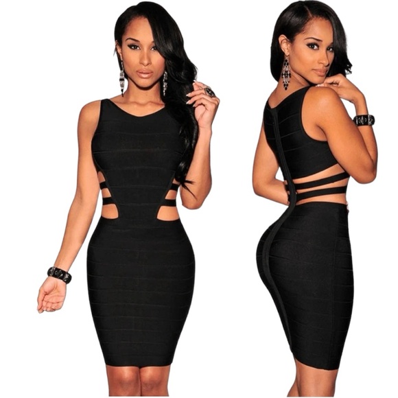 Y2K Bandage Bodycon Cut Out Caged Waist Strappy Mini Dress Large Black Cocktail - Picture 1 of 14